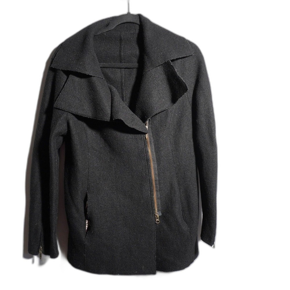 Peruvian Alpaca Boiled Wool Black Jacket Coat Asymmetric‎ Zip Womens M Lagenlook